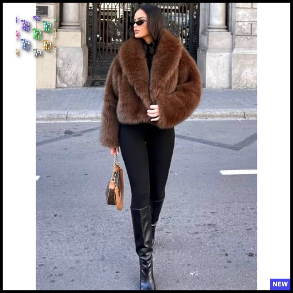 Fluffy Faux Fur Cropped Jacket Open Front Shawl Collar Winter Coat Chic - Picture 3 of 7